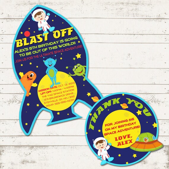 Out of this World - Blast Off Space Birthday Invitation and Thank you Card, Aliens, Astronauts & Rockets- Custom, Printable designs Il_570xn