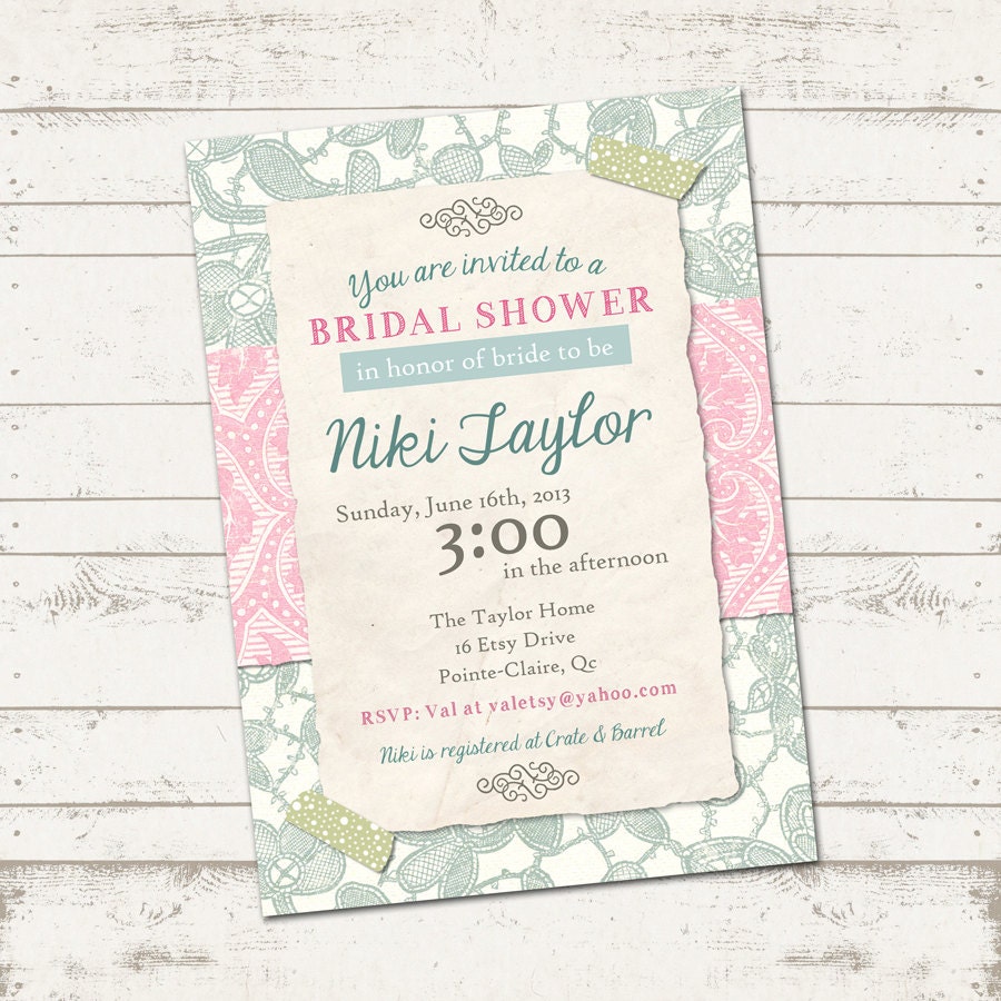 Bridal Shower Invitation- Shabby chic, vintage inspired, pinks and green floral lace - Customized, Digital, Printable designs Il_570xn