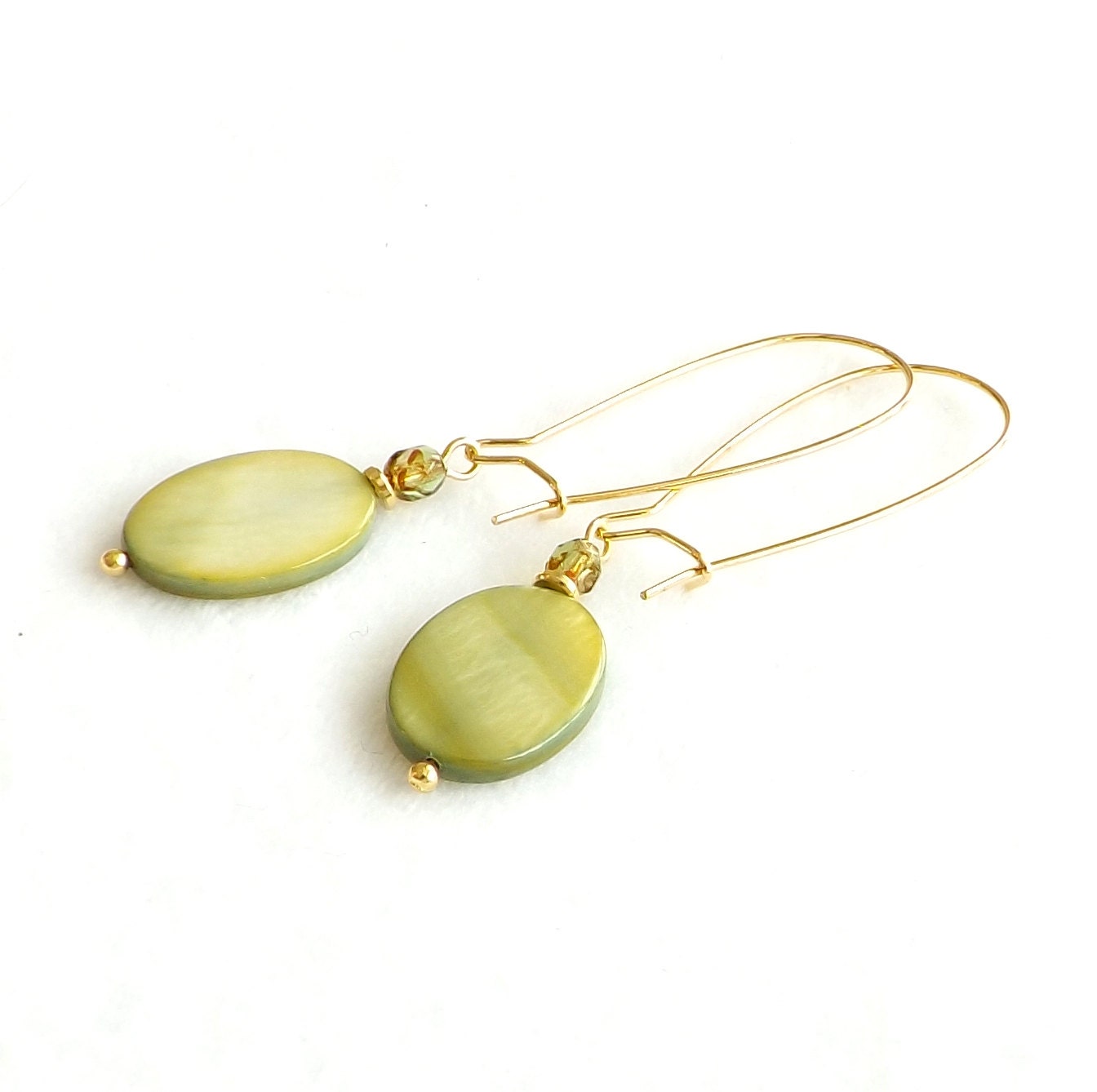 Green Pearl Boho Earrings Olive Lime Mother of Pearl Gold Contemporary Jewelry 2014 Trends Valentine Gift Idea Guide Spring Finds Under 25 - connectionsbymaya