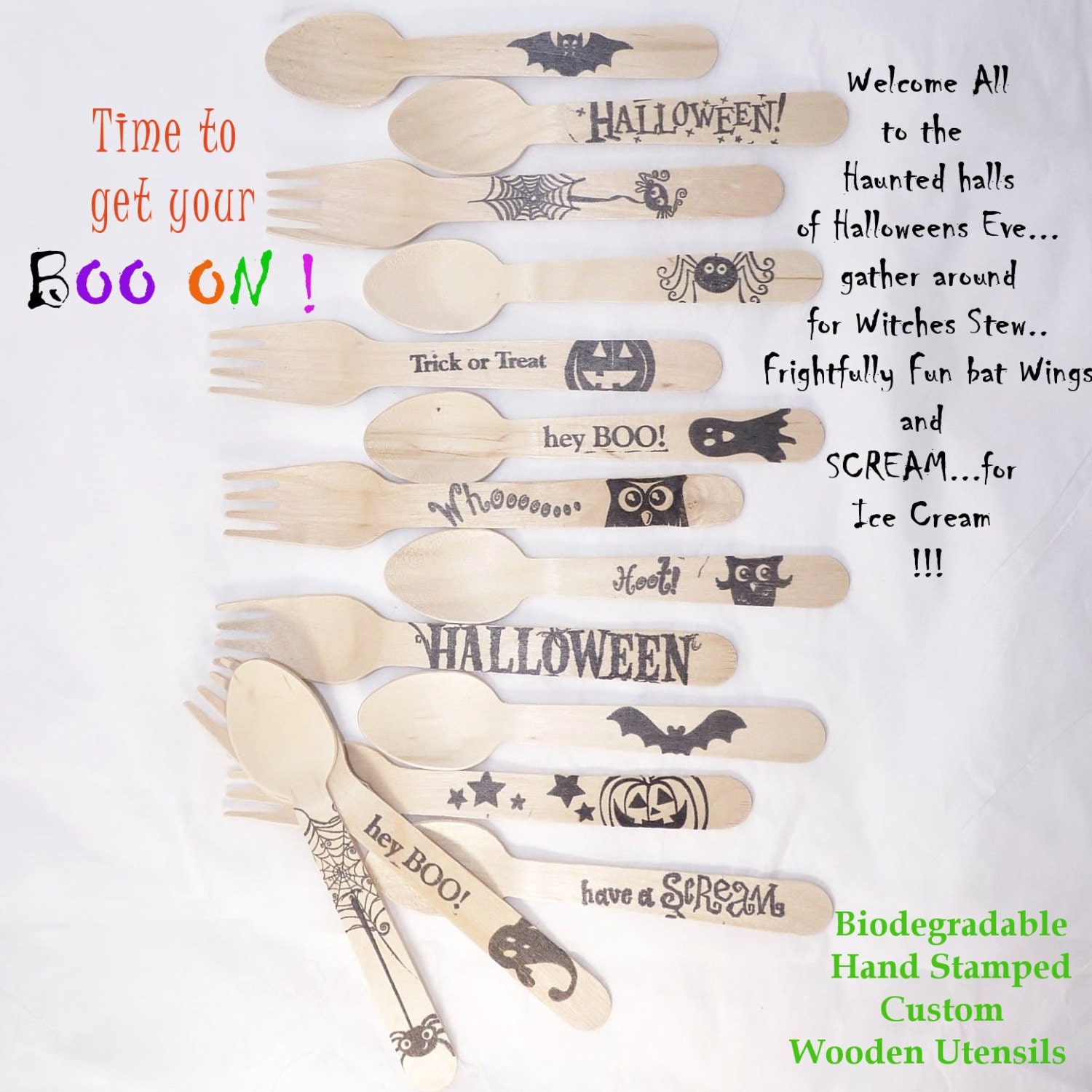 HaLLoween Party Wood Spoon &/or Forks 30 HAND STAMPED Words Costume Party, Hayrides, Smores and hotdog roast, Ice Cream Spoons, Eco Friendly Il_570xn