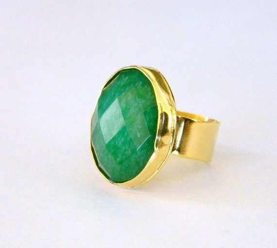 Emerald green ring, green gold ring, handmade adjustable ring, statement ring, gold plated, Christmas gift, under 40 45 50. - craftysou