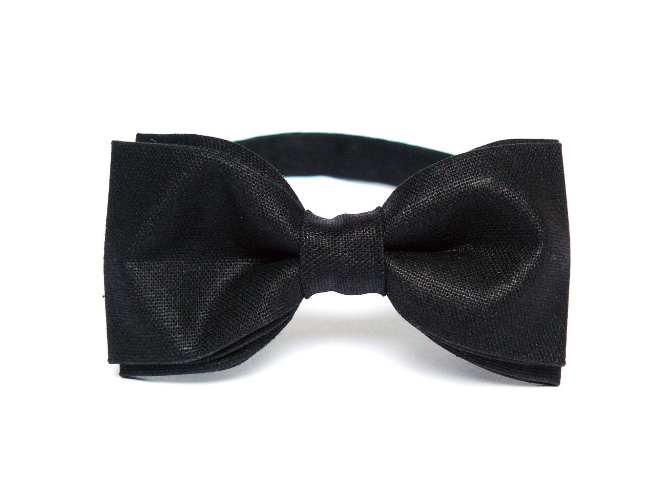 Black Men's Bow Tie by BartekDesign: pre tied linen cotton light shiny wedding grooms bow tie