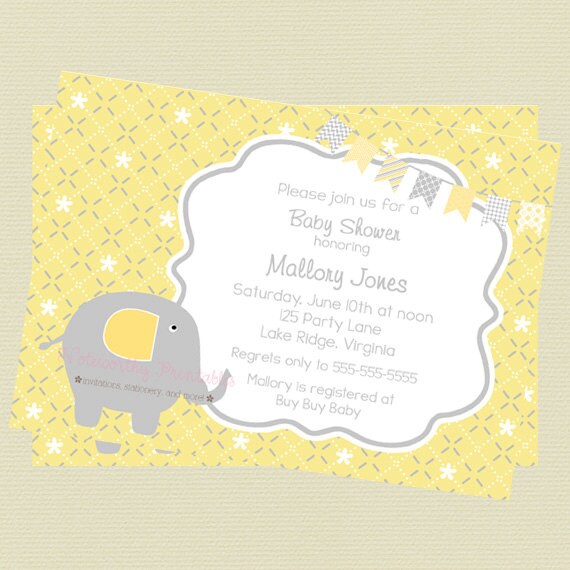 Printable Grey and Yellow Elephant Baby Shower Invitation Il_570xn