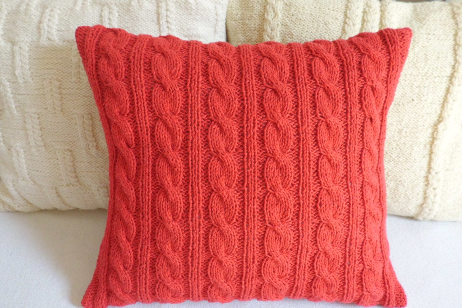 Hand knit burgundy-red cushion, cable knit pillowcase, 100% cotton knitted decorative couch 14x14 throw pillow, toss pillow - Adorablewares