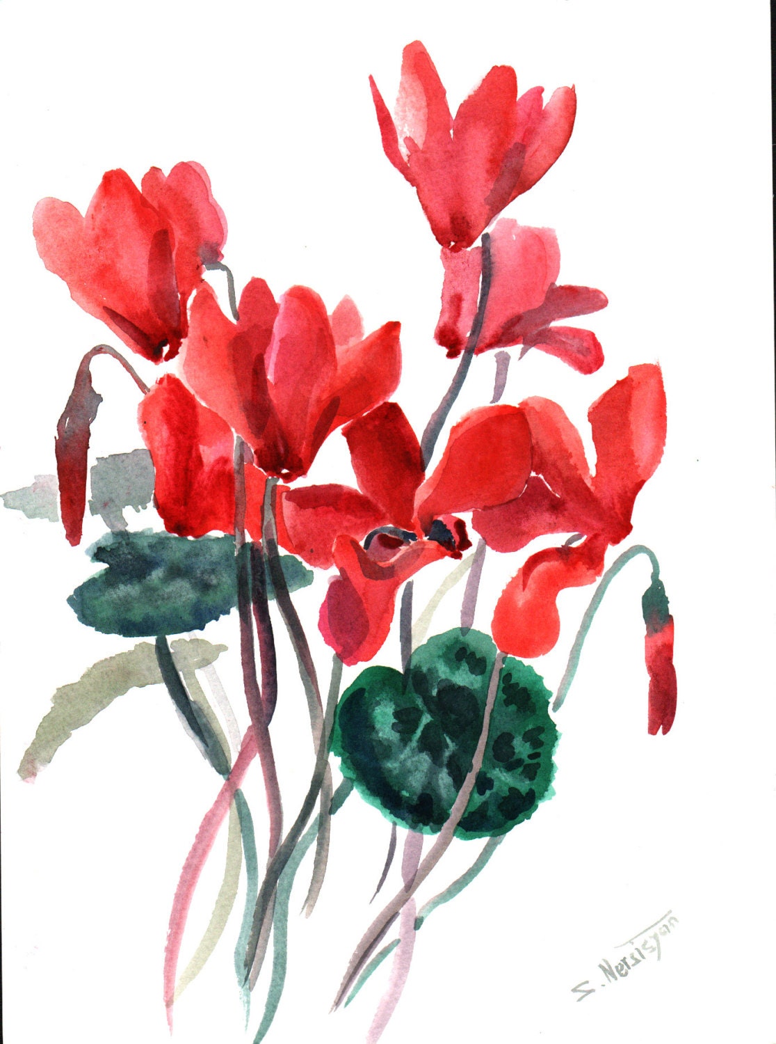 Cyclamens, original watercolor painting, 9 X 12, red flowers mimalism - ORIGINALONLY