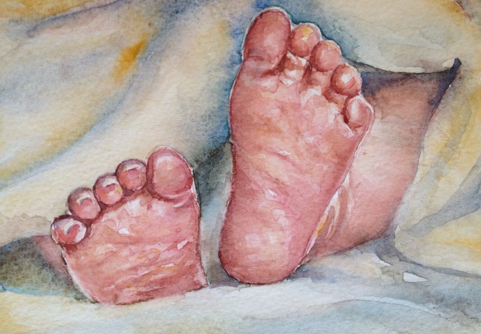 Original watercolor painting 'baby feet' ,wall decor - SuayaArt