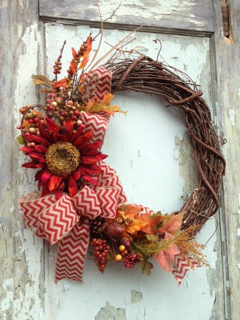 Fall Wreath Red Sunflower - Autumn, Harvest, Chevron, Burlap - WreathUnique