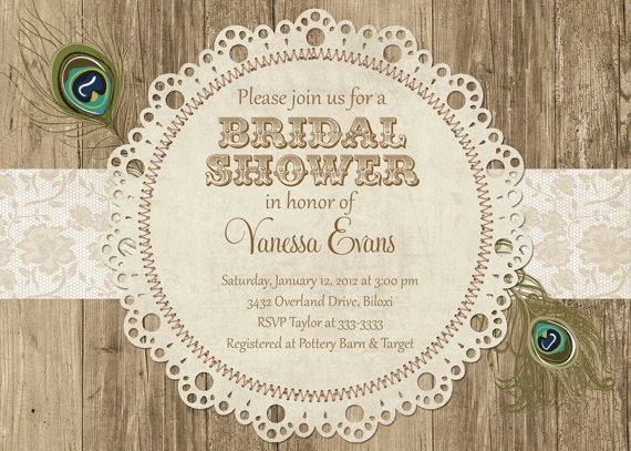 Rustic Lace Doily with Peacock Feather Bridal Shower Invitation - Printable Il_570xn