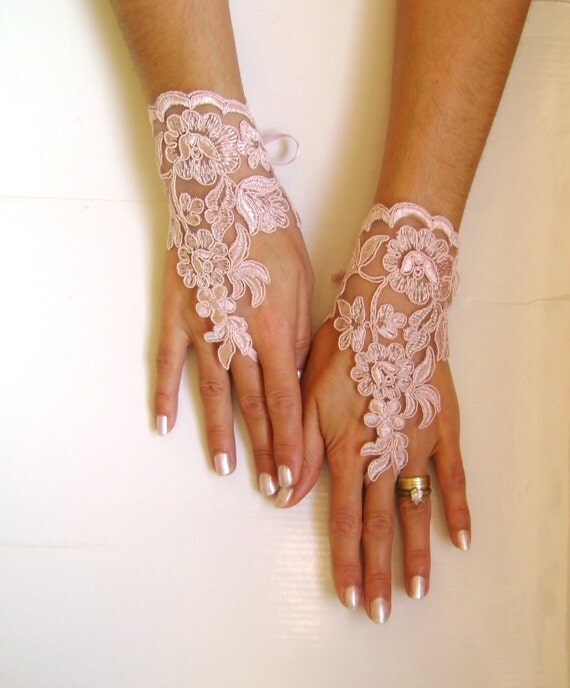 Soft pale pink Wedding gloves lace gloves free by GlovesByJana
