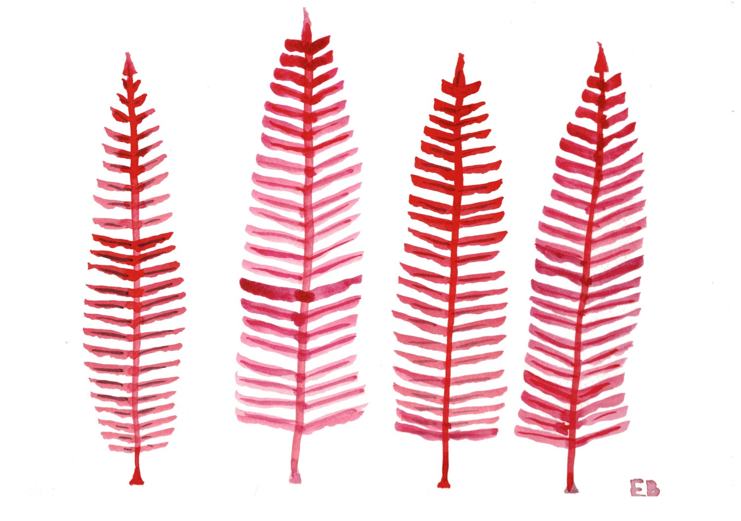 Original Red Ferns Painting, Red Watercolor Ferns with hues of pink, Fall leaves Ink Drawing - WishlistArt