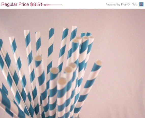 ON SALE 25 Teal Blue Stripe Straws - ships less than 24 hours Il_570xn