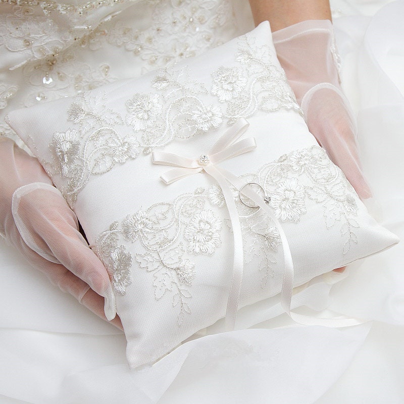 Wedding Ring Pillow with Embroidered Lace , satin ribbons , rhinestones