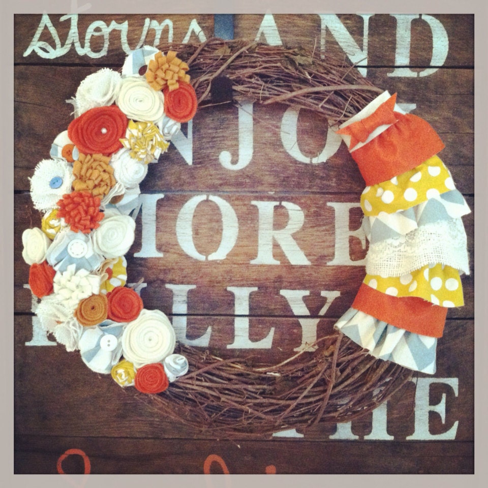 Teal and orange grapevine wreath, ruffled wreath, chevron wreath, orange wreath, teal wreath, felt flower wreath, burlap wreath