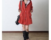 Dark Red Long Autumn Coat For Women/Cotton Linen Loose Fitting Fall Clothes/Long Women Hoodies with Floral Lining - MordenMiss