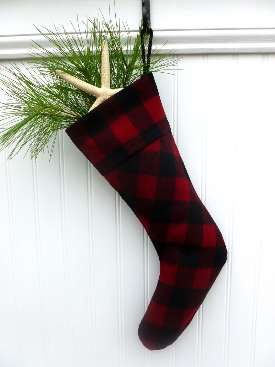 Red Wool Plaid Christmas Stocking by NortheasternNautical on Etsy