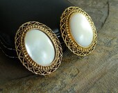 Vintage 1928 Jewelry Mother of Pearl Gold Tone Filigree Earrings, Pierced Earrings, Gold Tone Earrings, Filigree Earrings, VL027 - VLLDesigns