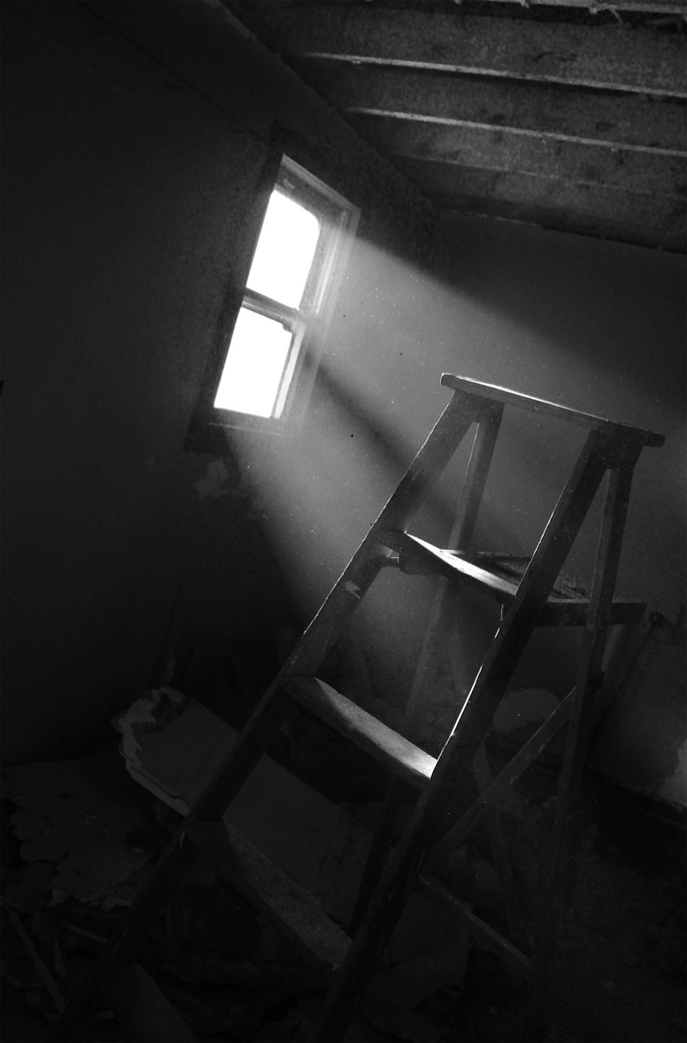 Somewhere in Missouri Photography Prints                 Renovations - Antique ladder - Industrial Black and white print. - SomewhereinMissouri