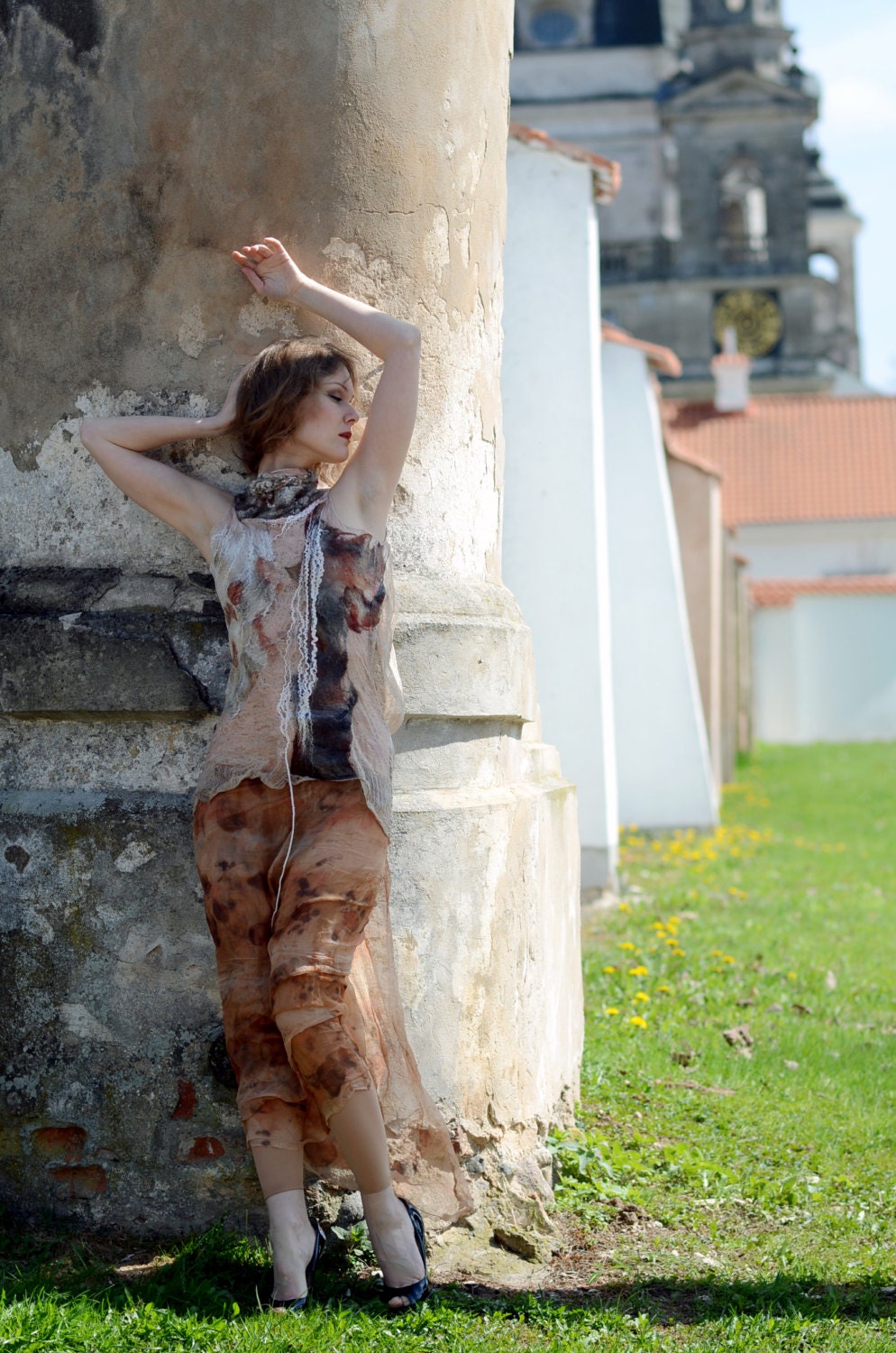 Eco fashion top blouse  Nuno felted and eco printed blouse from natural silk and wool dyed with plants OOAK - vilte