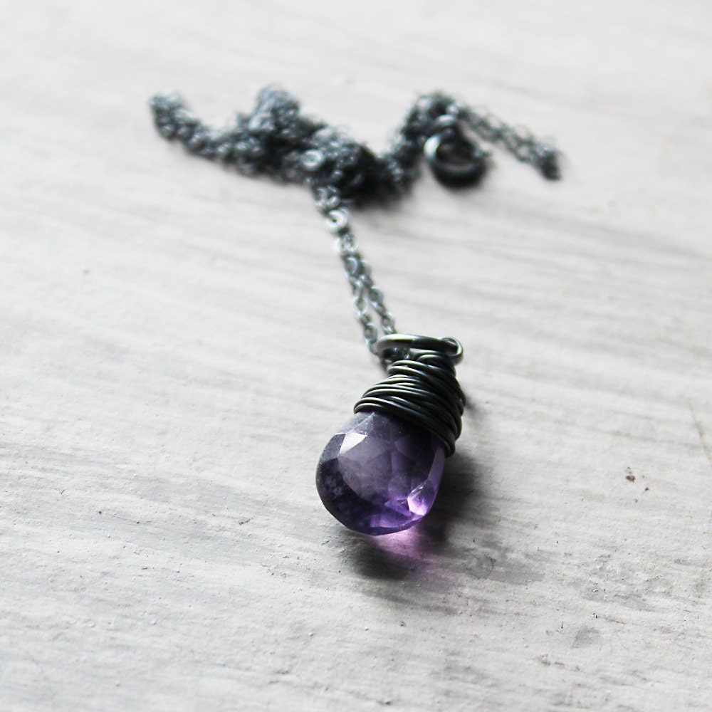 Purple Amethyst Necklace Oxidized Sterling Silver Gemstone Wire Wrapped February Birthstone