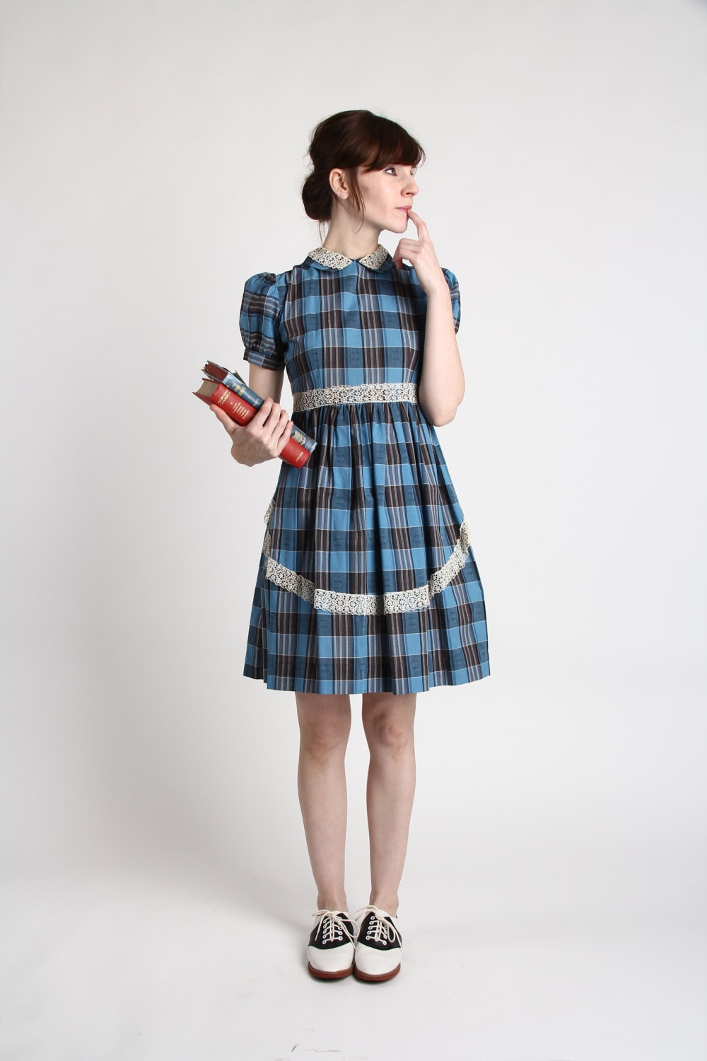1950s Plaid Dress . Blue Baby Doll Frock with Lace - VeraVague