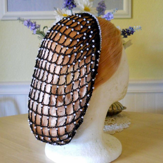 Beaded Snood Hair Net Black with Pearls by aprilsbag on Etsy
