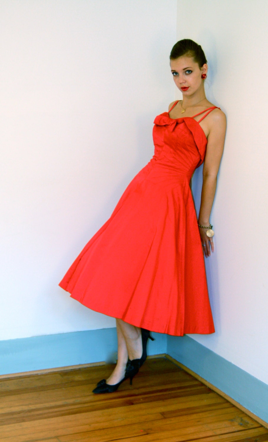 Vintage 1950s Fancy Red Satin Party Dress Full Sweep Circle Skirt Spaghetti Strap Sweetheart neckline 50s New Look Cocktail Frock - posiesforlulu