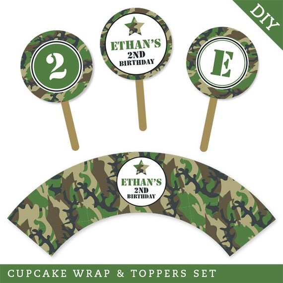 Camo or Army Party Personalized DIY printable cupcake wrapper and