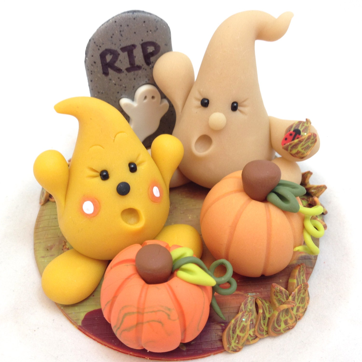 Halloween Ghost Figurine: Parker's Big Scare - Polymer Clay StoryBook Scene Sculpture with Pumpkins & Ghost - KatersAcres