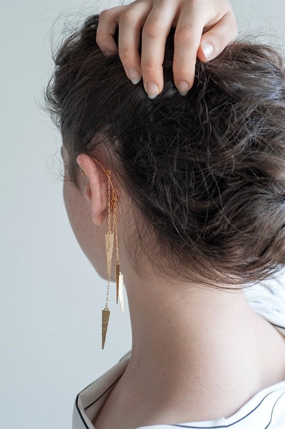 Long Gold Ear Cuff, Hammered Spikes, Goldfilled Chains