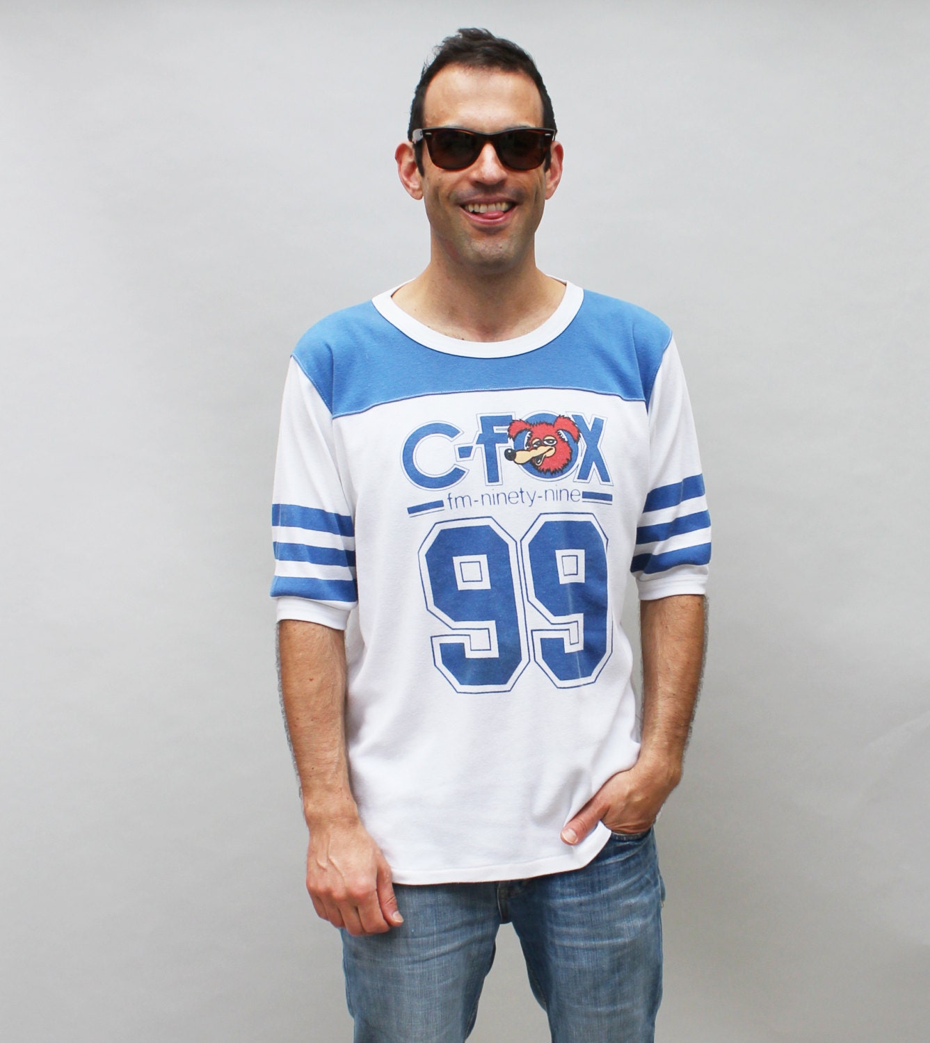 70s vintage CFox 99 FM radio t-shirt, football jersey style shirt, blue and white, super soft - Men's Large / XL