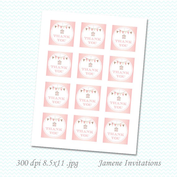 2" Pink stripes with bird cage and bunting banners thank you favor tags - Digital Download Il_570xn
