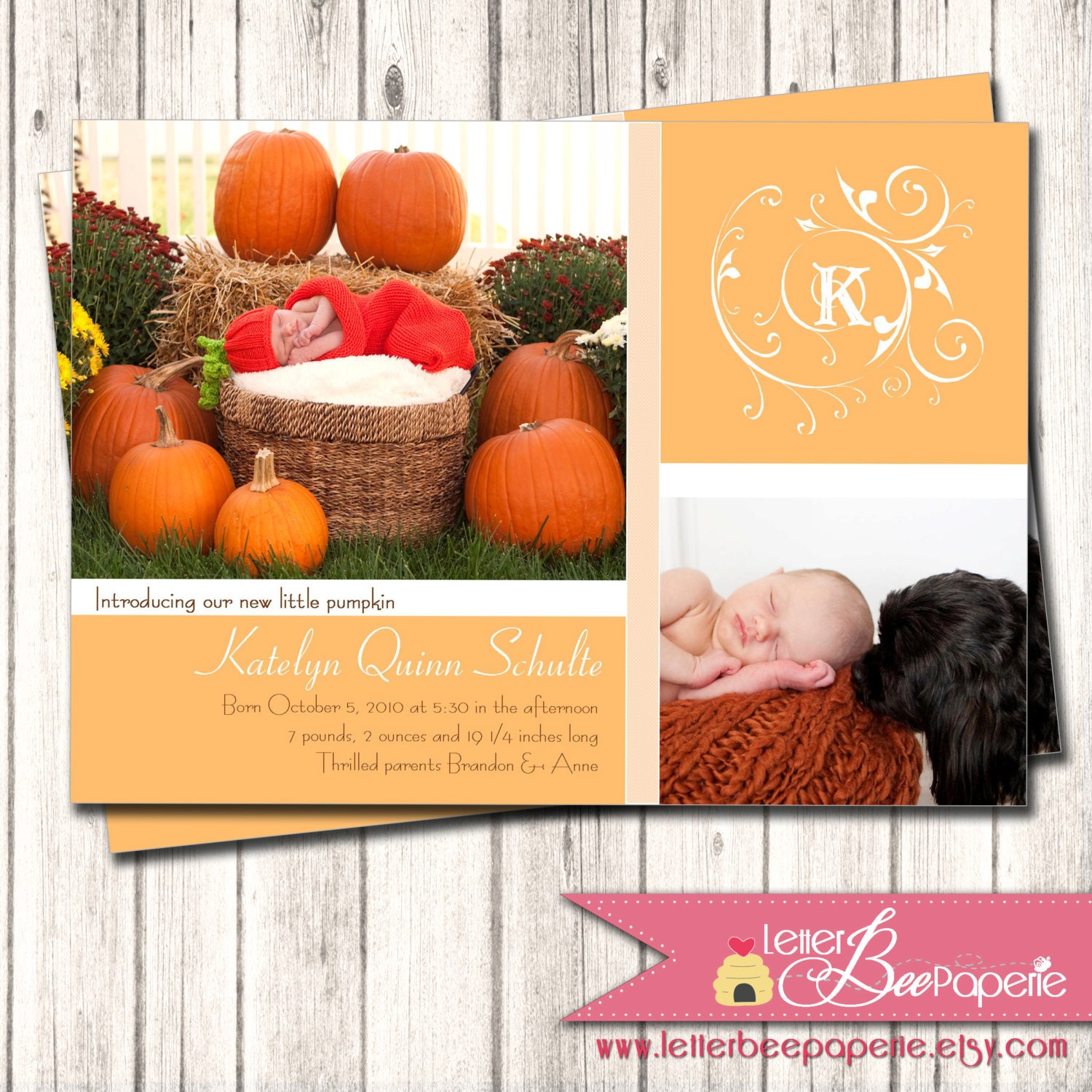 Little Pumpkin Custom Photo Birth Announcement for Baby Girl or Boy - DIY Printable Card - Choose Your Colors - Fall / Autumn - New Baby Il_570xn