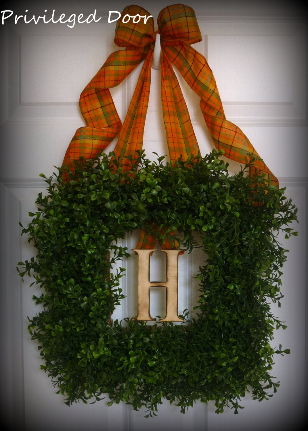 Fall Wreath. Harvest Square Boxwood Wreath with Woodfired Monogram Letter of Your Choice and Exceptional Harvest Bow.  Uptown with a Spunk.