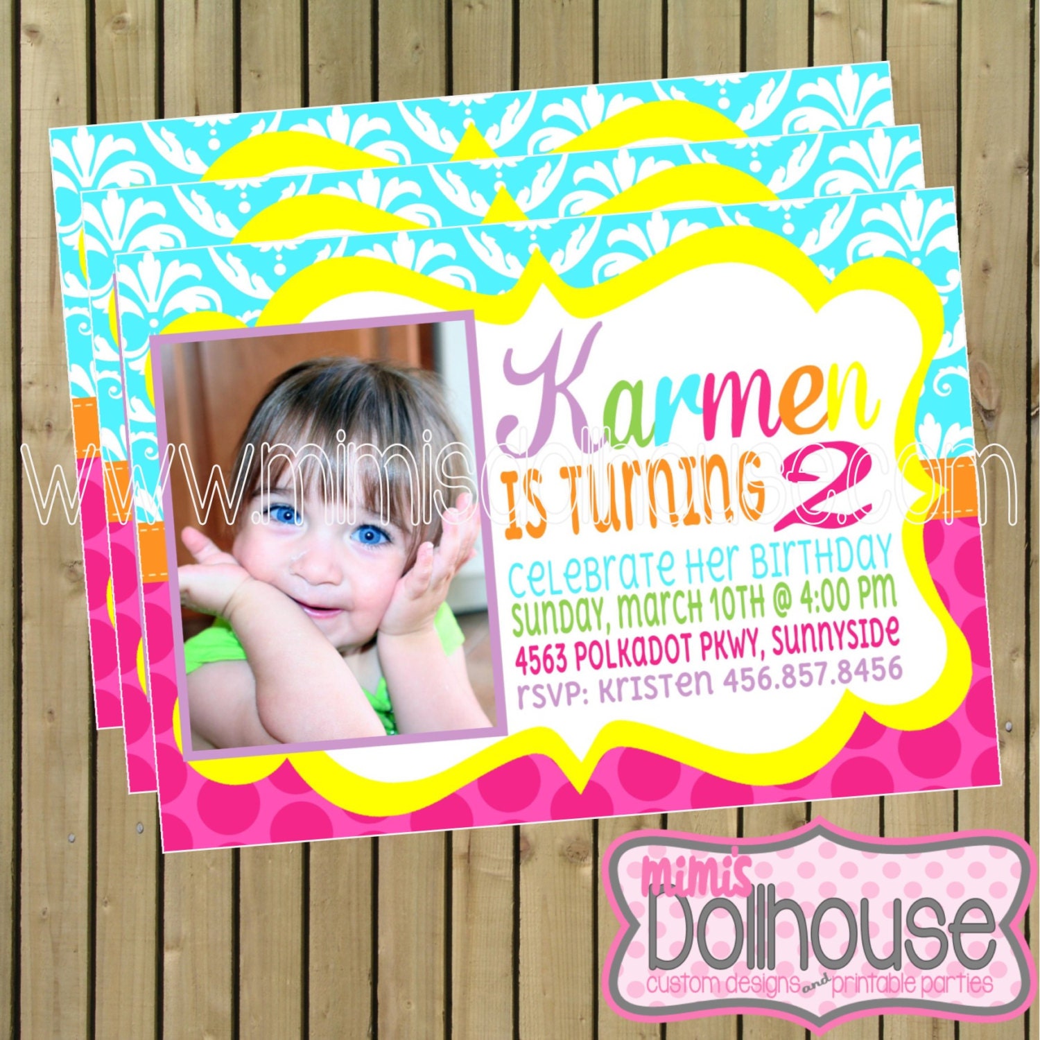 Colorful Bright Damask Invitation-Girl's Rainbow Birthday Invitation PDF/JPEG Il_570xn