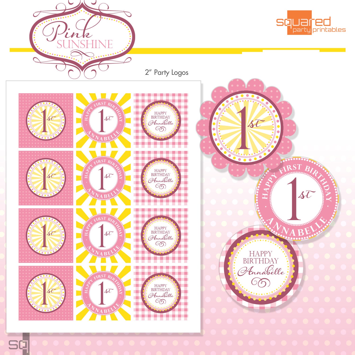 Printable Pink Lemonade Birthday 2" Party Logos - DIY - Do-It-Yourself Printables - Pink Sunshine Il_570xn