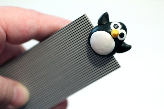 Penguin bookmark, black and white polymer clay animal, bird,