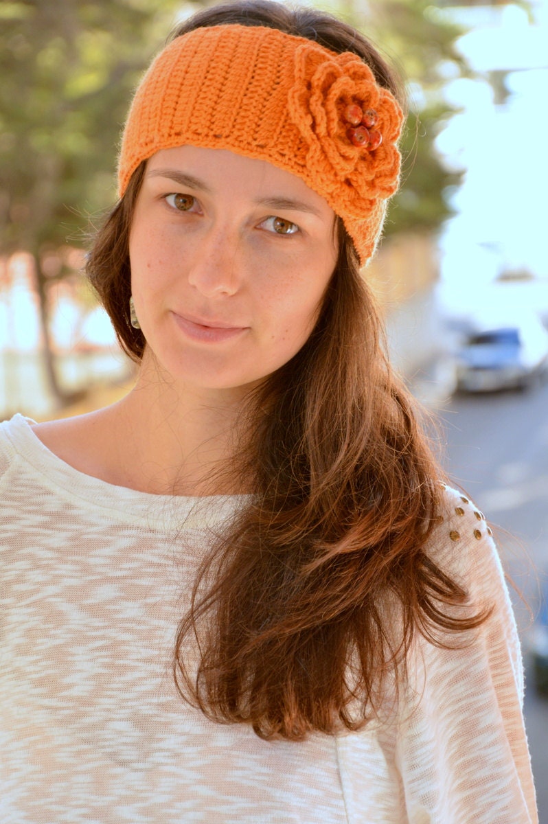 Romantic nice headband, orange merino hippie style headband, big crochet flower. - SexyCrochetByOlga