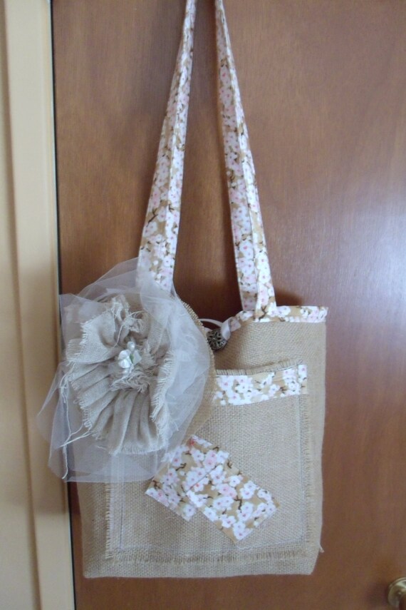 Handmade Burlap Tote Bag Lined Double Handle Boho Cottage Chic Fall ...