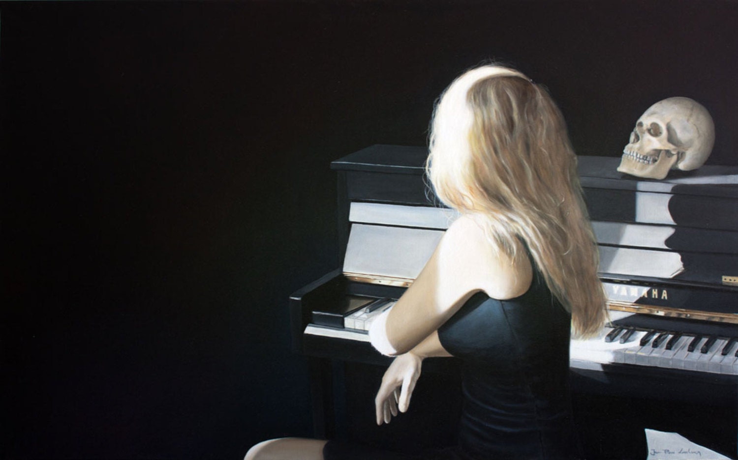 Original OIL painting on canvas woman in light with piano : Moonlight - JipeLeclercq