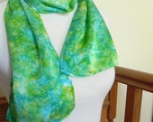 Silk Scarf Hand Dyed Shades of Green and Turquoise Blue, Ready to Ship - RosyDaysScarves