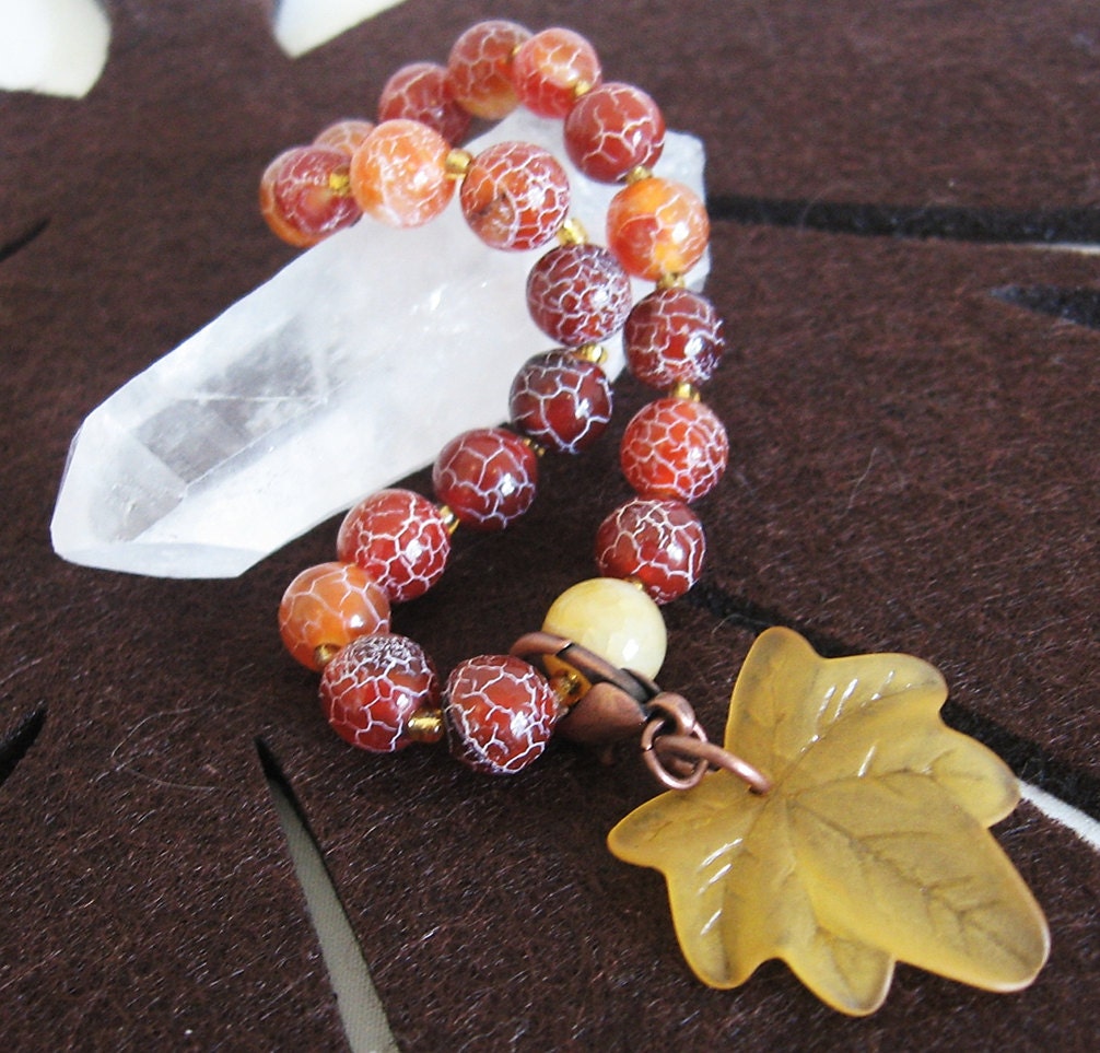 Harvest Blessings Bracelet in Crackled Agate with Fall Leaf Charm - HeartofOneCreations