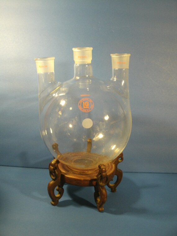Vintage Three Neck Lab Bottle Round Bottom Glass Flask 3000 ML Lab