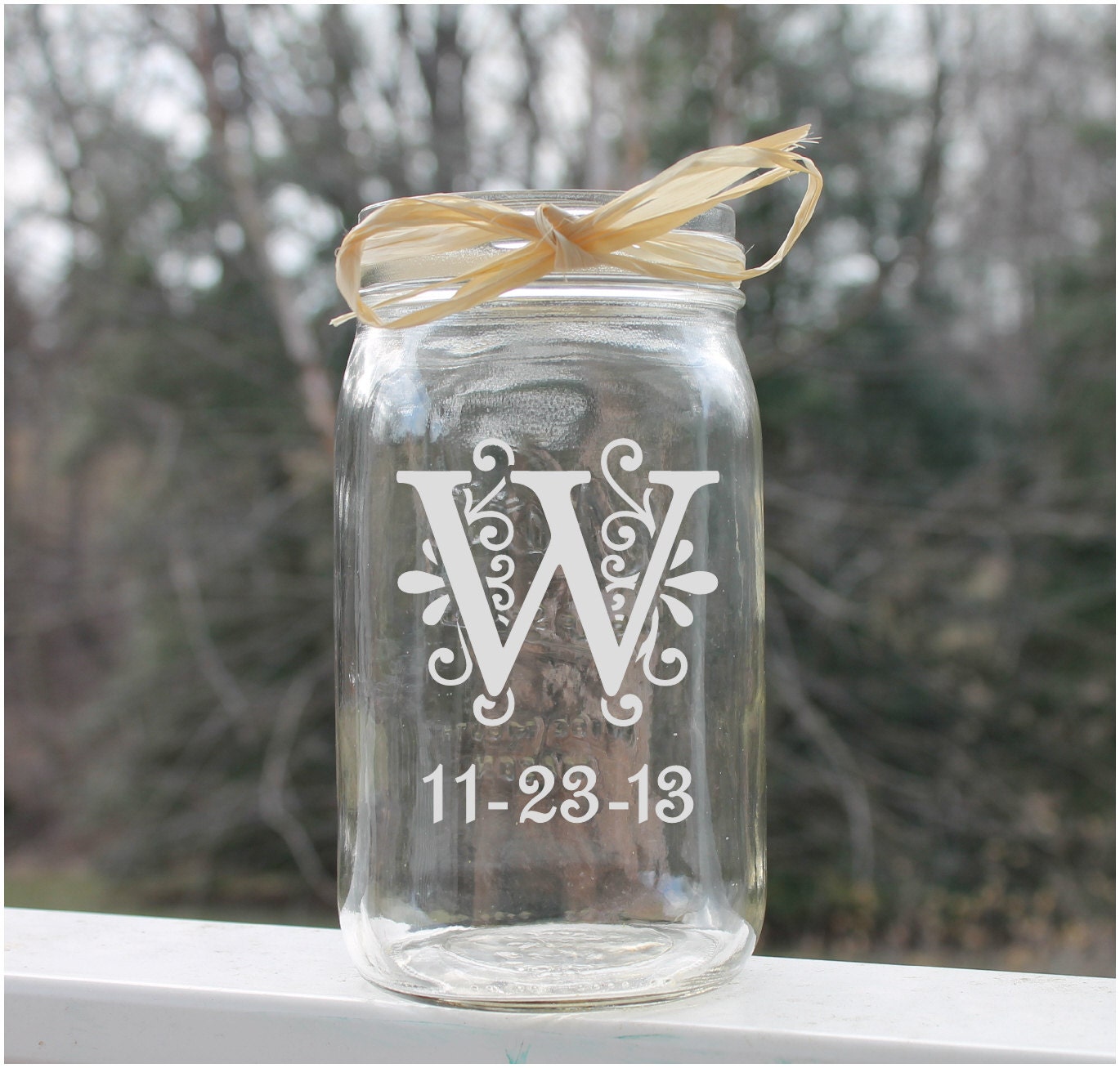 Etched Mason Jar Monogram with date Wide Mouth by StoneEffectsMD