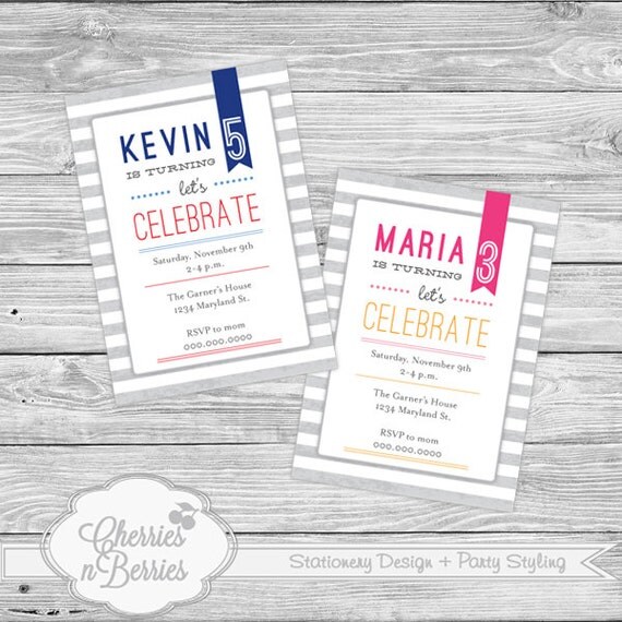 Stripes Pink & Blue. Printable Invitation Il_570xn