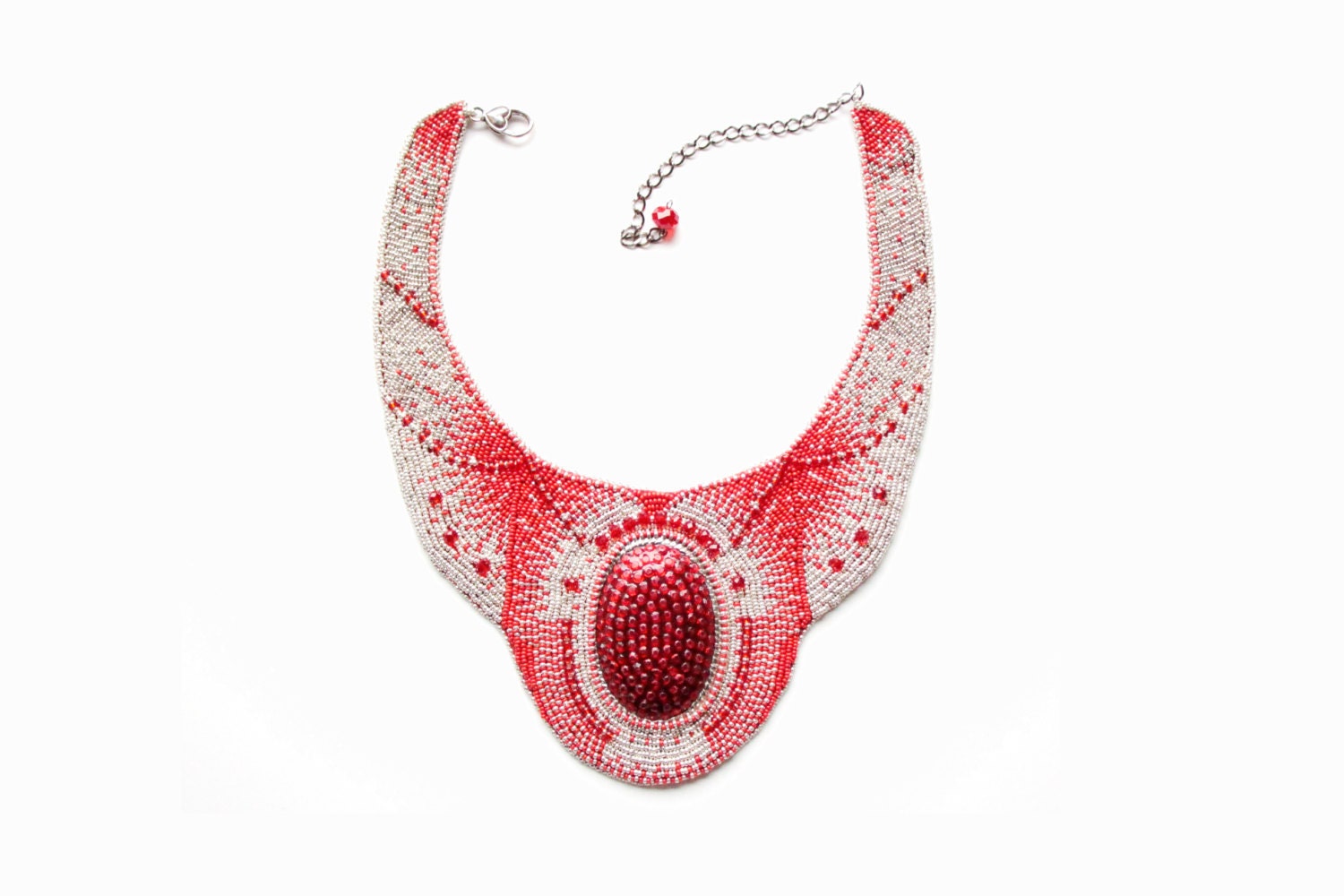 Red silver seed bead embroidery necklace Egyptian Large beaded jewelry embroidered Statement Cocktail party disco Beadwork Spring gift - RasaVilJewelry