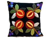 Pomegranate Fruit Appliqued Felted Wool Pillow with Plaid Wool Backing Size 14 x 14 - BeaverheadTreasures