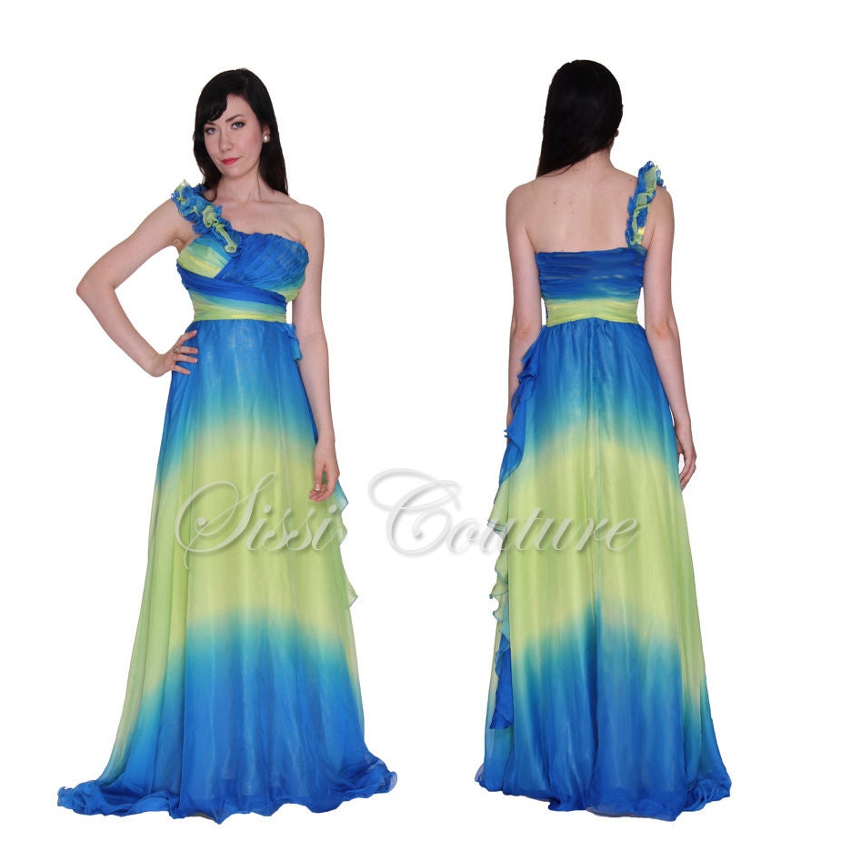 Starry Night Inspired One Shoulder Chiffon Ruffle Dress Size 4 - SissiCouture