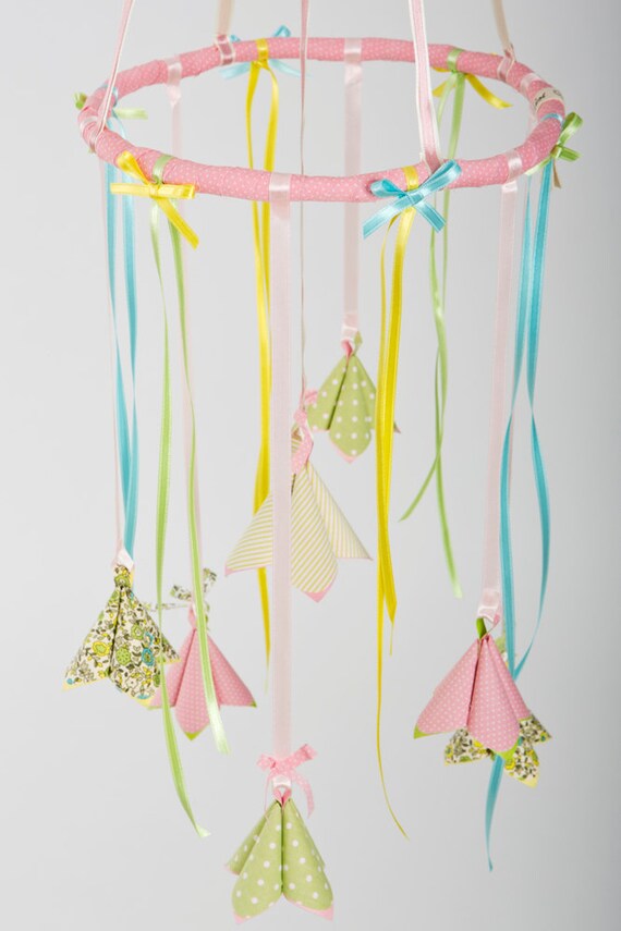 Baby girl nursery mobile. crib mobile. Fabric flowers in by Nuppi