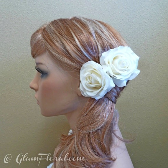 Cream White Rose Hair Piece 2 Hair Flower Clips By Glamfloral 9032