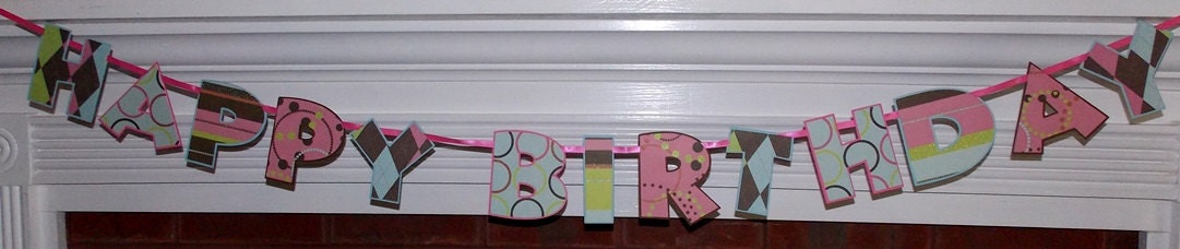 Happy Birthday Letter Banner ...Pink Green Brown ... dots and stripes ... adjustable ... READY TO SHIP Il_570xn